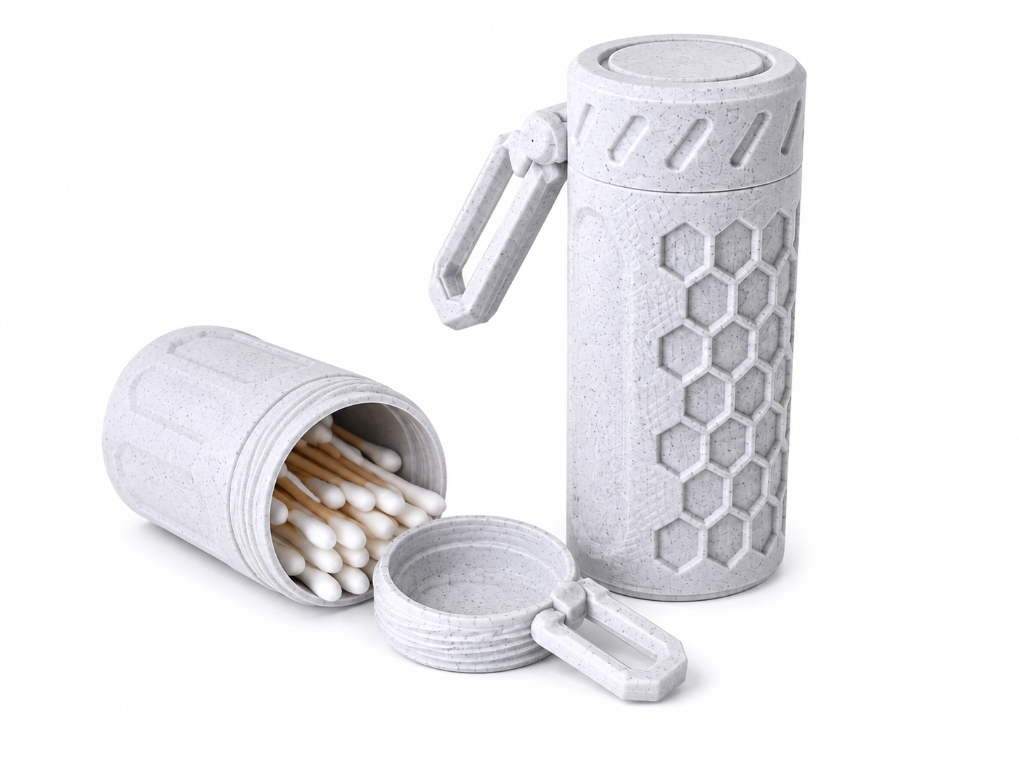 Pot à coton-tiges gris cylindrique à motif hexagonal, couvercle avec poignée.
