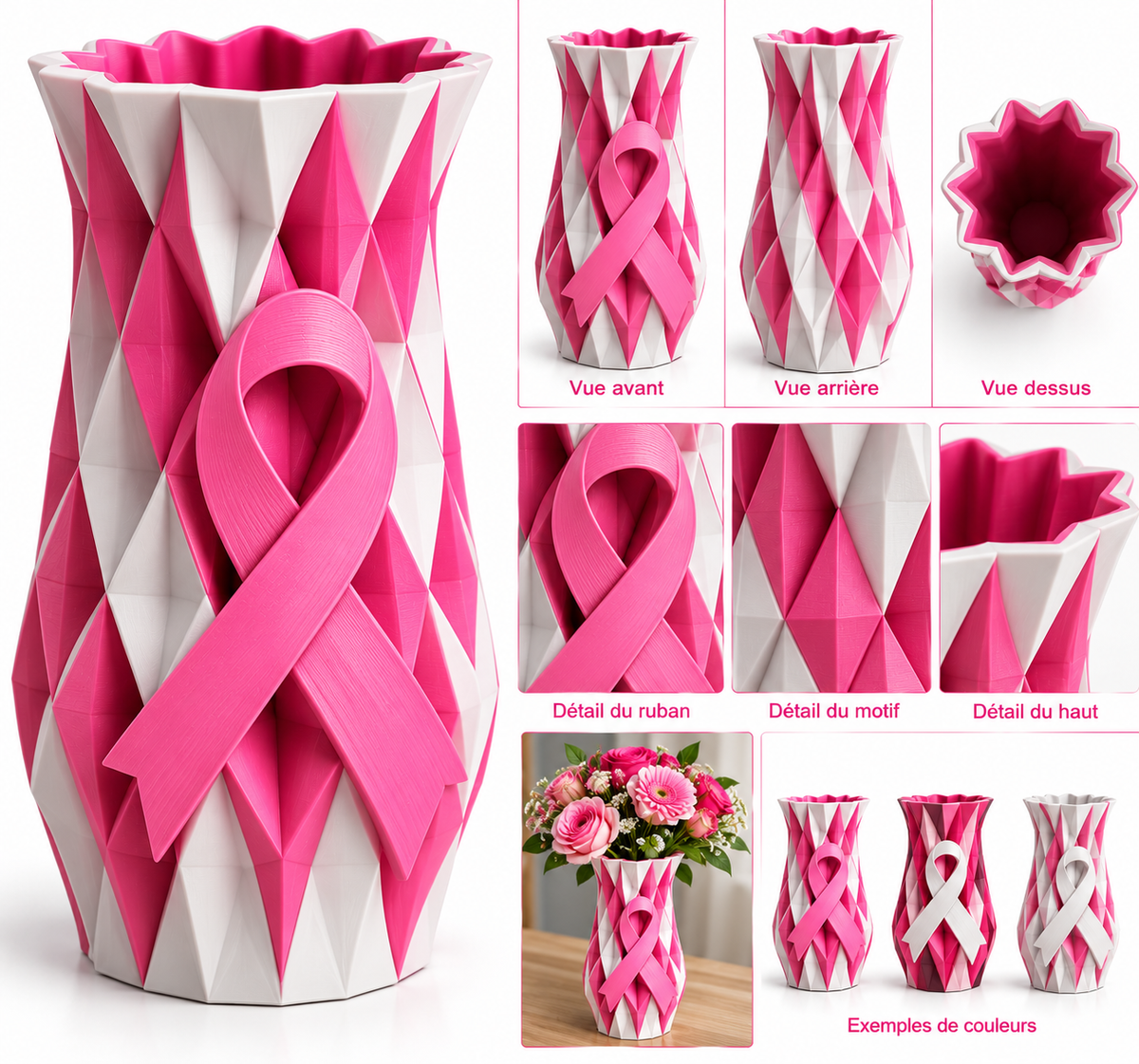 Vase géométrique blanc avec ruban rose de soutien, décor en forme de nœud.