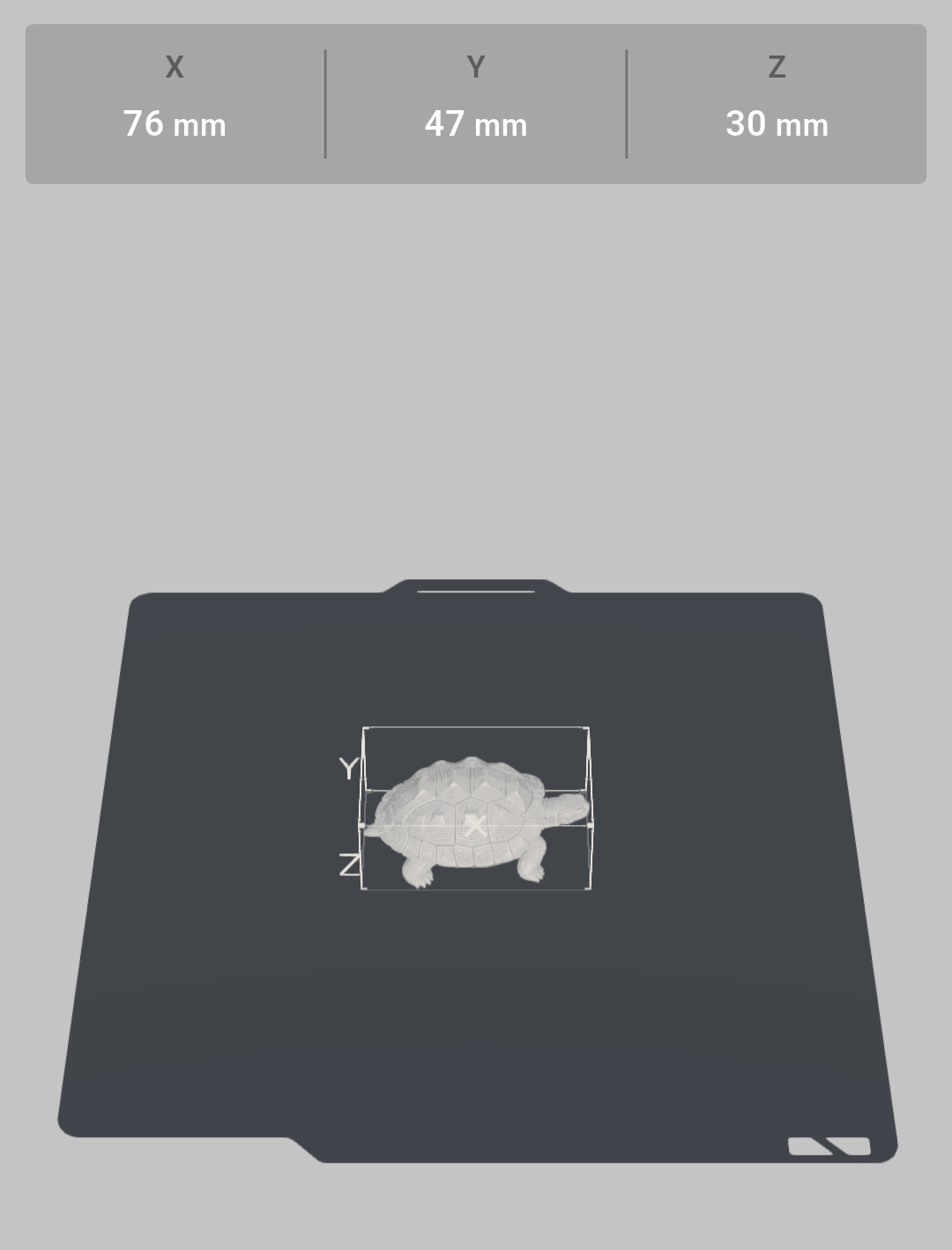 Sculpture tortue : dimensions 76 x 47 x 30 mm, vue schématique