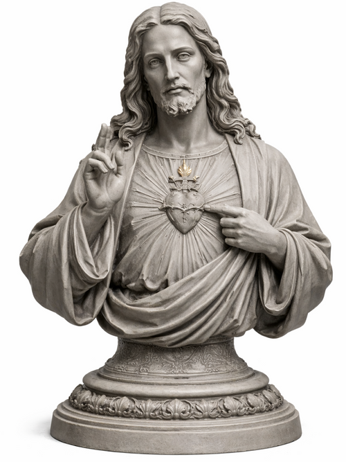 Buste du Sacré-Cœur de Jésus en pierre sculptée, cœur sur la poitrine et couronne