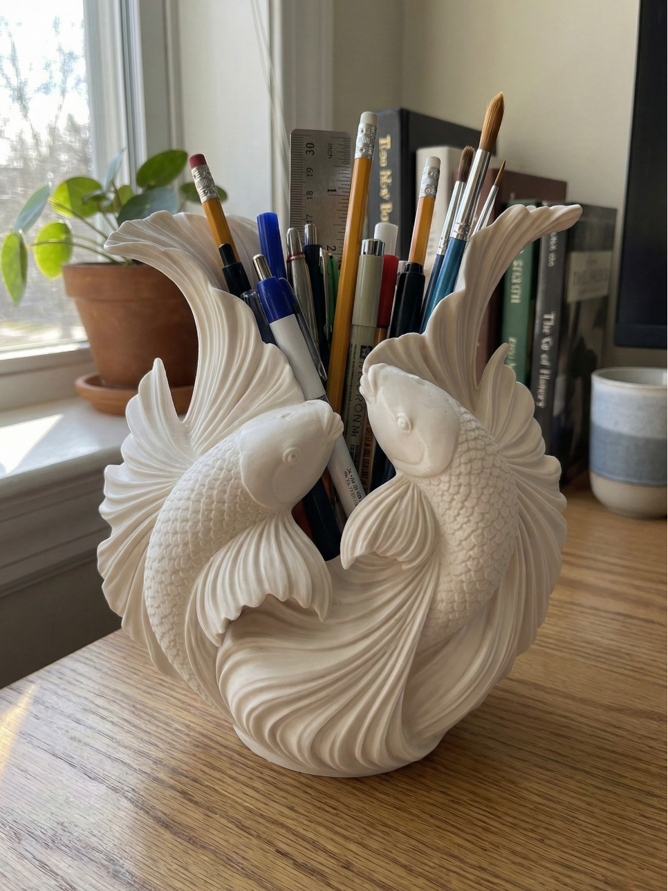 Sculpture Porte-stylos Poisson Koi Organisateur de bureau