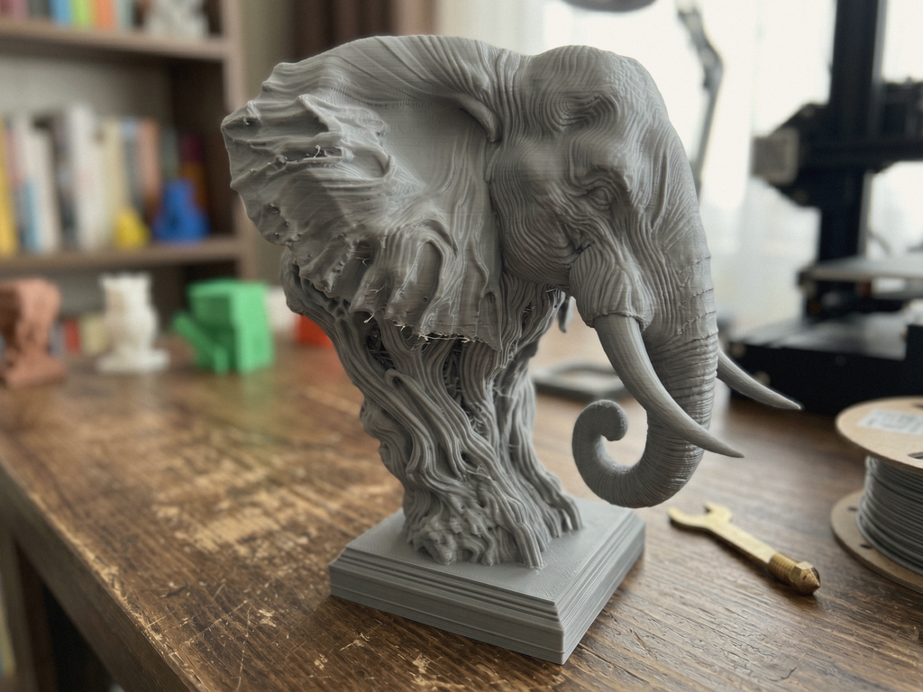 Buste d’éléphant sculpté gris, vue inclinée avec trompe et oreille visibles.