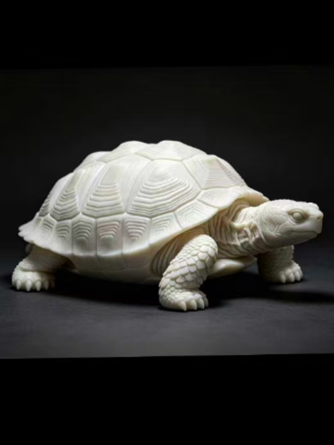 Sculpture tortue blanche avec motif gravé sur la carapace, tête et pattes détaillées