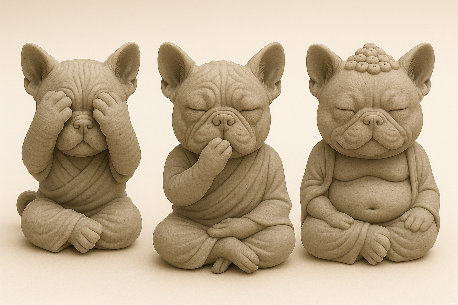 Trio de Bouledogues Zen – Les 3 Singes de la Sagesse